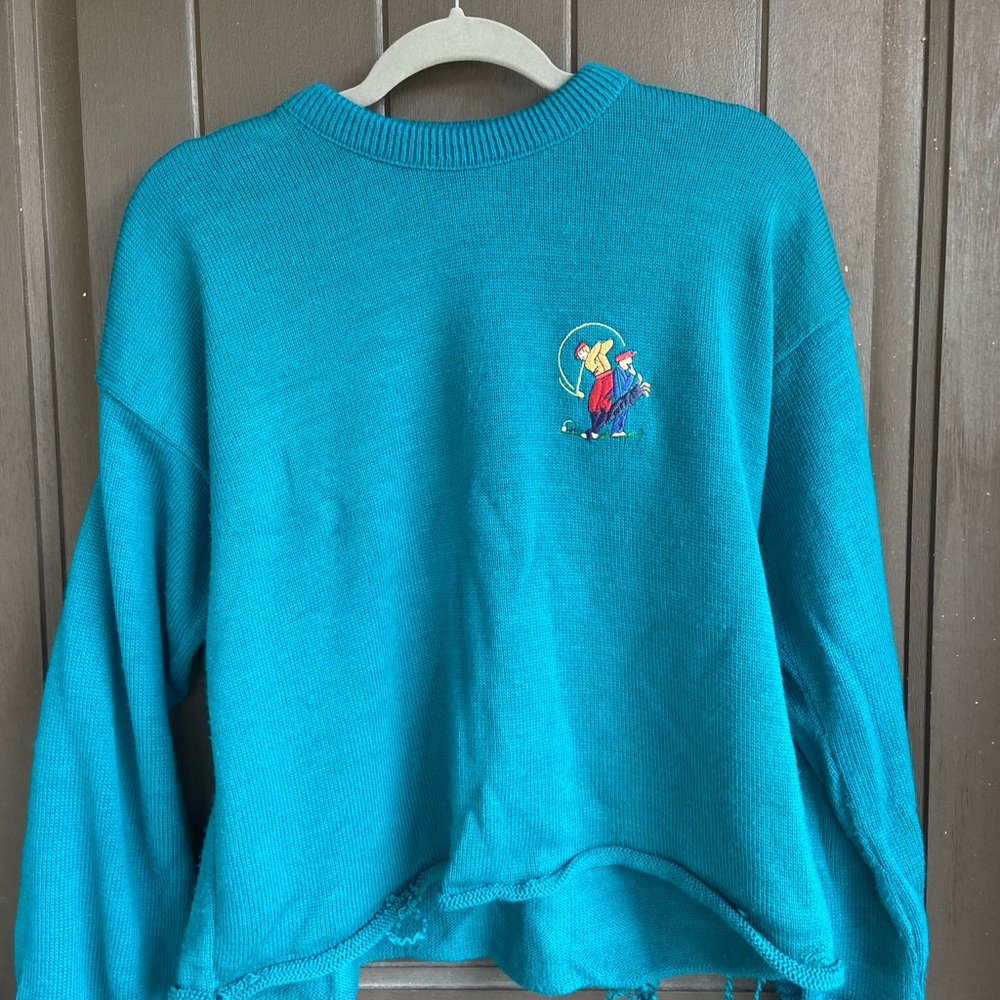 Blue Crew Neck Sweater with Ribbed Cuffs